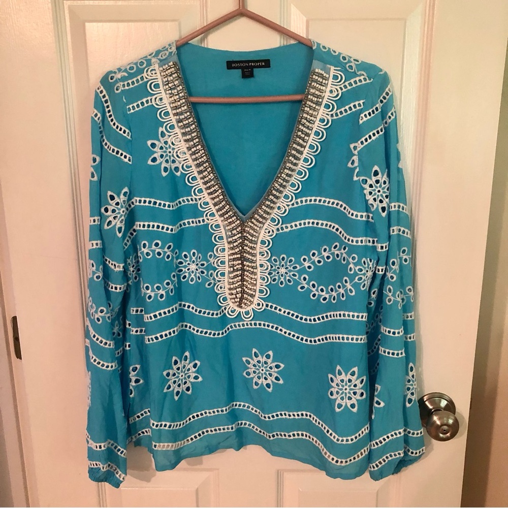 Boston Proper Turquoise Embroidered V-Neck Blouse
